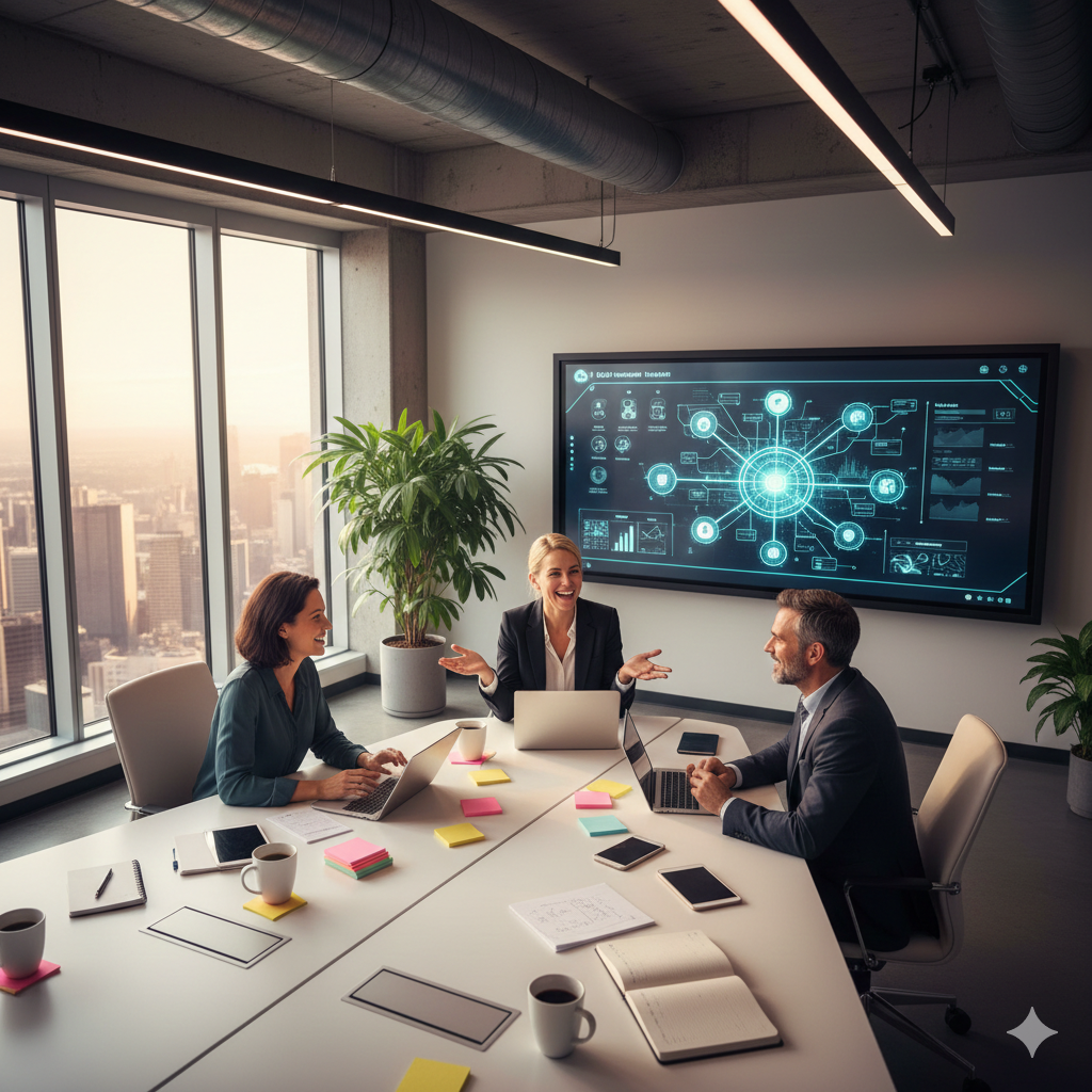 Equipe executiva em sala de reunião com painel de dados estratégicos, discutindo liderança e gestão
