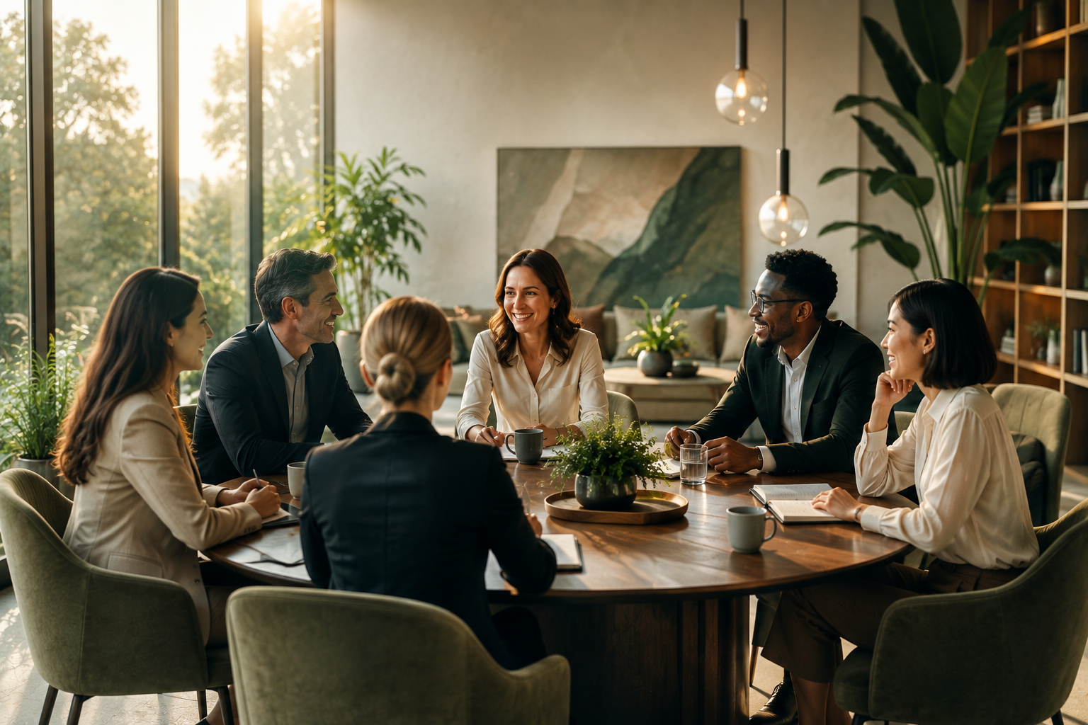 Grupo de líderes reunido em uma mesa de reunião, trocando experiências